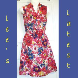 Red Floral Sleeveless Cotton Dress Size Medium Lined Multicolored Retro
